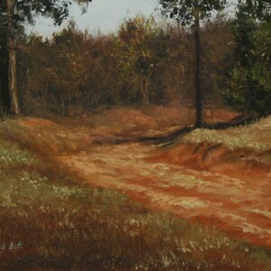 Pu&ograve; includere: Un dipinto a olio raffigura uno sterrato che si snoda attraverso una foresta. La strada &egrave; di un caldo marrone rossiccio, in contrasto con gli alberi verdi e marroni. La luce del sole proietta ombre, esaltando la profondit&agrave; e la consistenza. L'opera evoca tranquillit&agrave;.