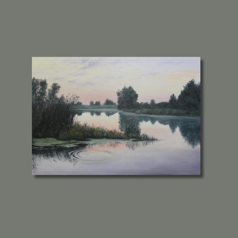 Sommarsolnedgångsmålning - När solen går ner - Unik original oljekonst - Vattenscenkonst - Realism - 70 x 100 cm - Lugnande väggdekor bild 1
