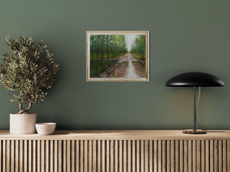 Skogsmålning Original Olja - Efter Regnet - Sommarskogslandskap - Grön Natur Väggkonst - Realism - 35 x 45 cm - Lugn Skogsscen bild 4
