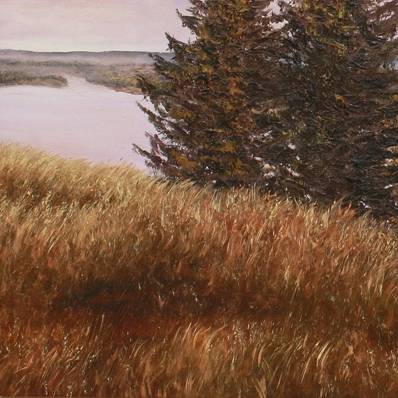 May include: An oil painting depicts a serene landscape. Tall, golden-brown grasses sway in the foreground, leading the eye to a calm river and distant, hazy hills. A dark green tree stands on the right, adding depth to the scene.