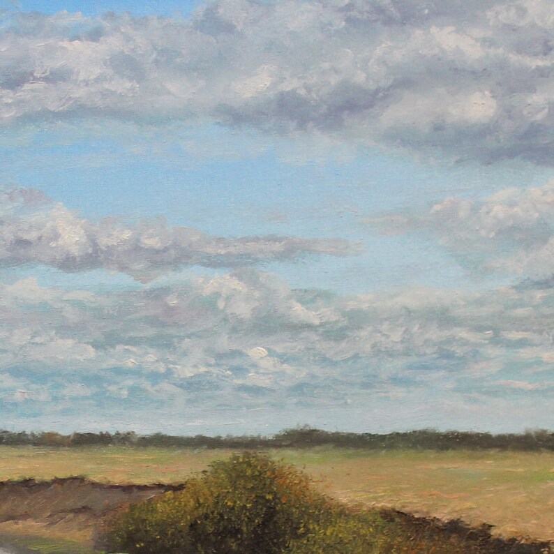 Puede incluir: Pintura al &oacute;leo de un paisaje con un cielo vasto lleno de nubes blancas y grises esponjosas sobre un fondo azul claro. El primer plano muestra un campo de hierba marr&oacute;n dorada y un peque&ntilde;o arbusto verde.