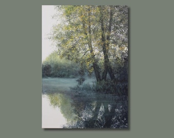 Morning Stillness Oil Painting - Original Landscape Art - Dreamlike Lake Scene - Ethereal Wall Decor - 50x35 cm - Serene Home Art