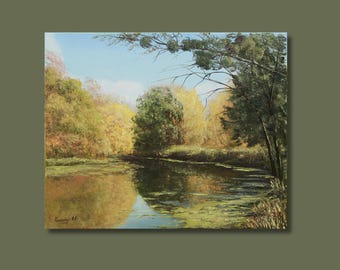 Original Autumn Lake Painting - Fall Landscape Art - Hand-painted Signed - Realism Oil - 40x50 cm - Tranquil Wall Art - Housewarming Gift