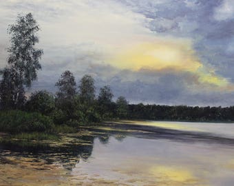 Kvällsstjärnan | original oljemålning, 55 x 80 cm / 21,7" x 31,5" | klassisk realism | solnedgång över en sjömålning