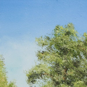 May include: An oil painting depicting a bright blue sky and the tops of green trees. The brushstrokes create a textured effect, with the leaves appearing lush and full. The artwork evokes a sense of nature and tranquility.