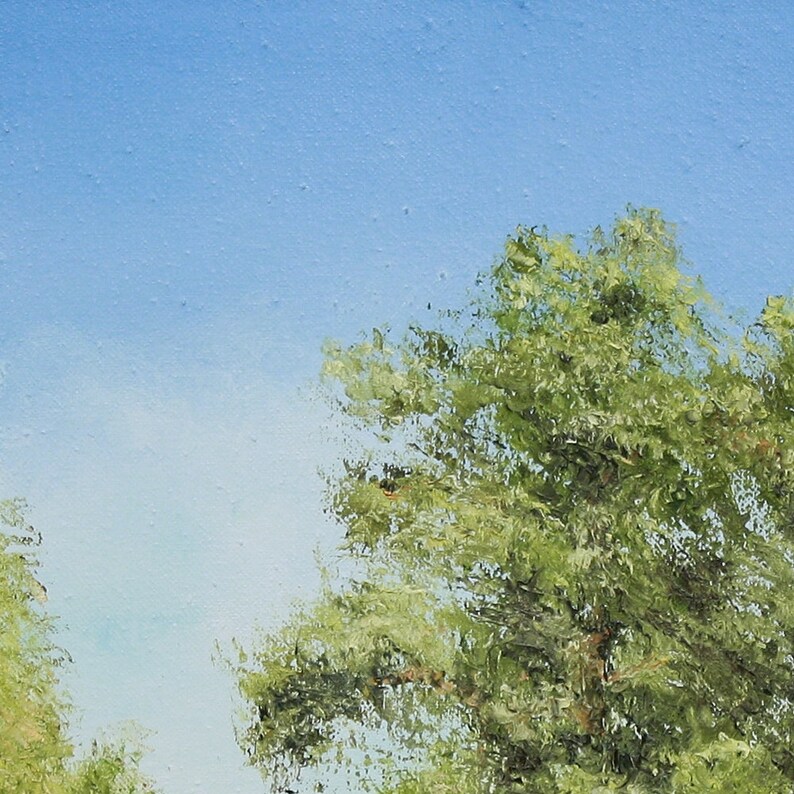 May include: An oil painting depicting a bright blue sky and the tops of green trees. The brushstrokes create a textured effect, with the leaves appearing lush and full. The artwork evokes a sense of nature and tranquility.