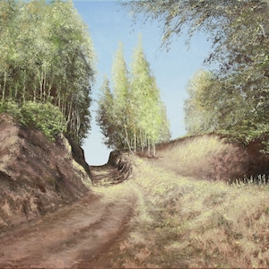 May include: Oil painting of a dirt path winding through a forest. The path is flanked by grassy banks and tall trees with green foliage. The sky is a light blue, and the overall color palette is earthy and natural.
