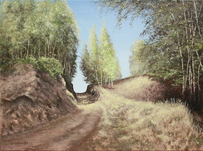 May include: Oil painting of a dirt path winding through a forest. The path is flanked by grassy banks and tall trees with green foliage. The sky is a light blue, and the overall color palette is earthy and natural.