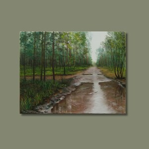 Skogsmålning Original Olja - Efter Regnet - Sommarskogslandskap - Grön Natur Väggkonst - Realism - 35 x 45 cm - Lugn Skogsscen bild 2