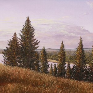 May include: An oil painting of a landscape featuring a grassy foreground and a line of evergreen trees. A river winds through the middle ground, with a forest and a cloudy sky in the background. The color palette is dominated by greens, browns, and purples.