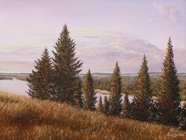 May include: An oil painting of a landscape featuring a grassy foreground and a line of evergreen trees. A river winds through the middle ground, with a forest and a cloudy sky in the background. The color palette is dominated by greens, browns, and purples.