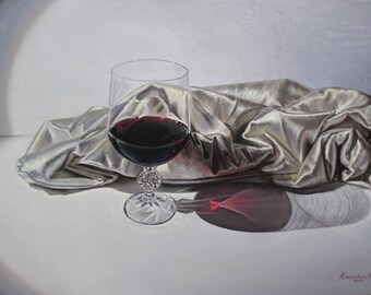 Reflexionen: In Vino Veritas | Stilleben Öl auf Leinwand Gemälde, 45 x 65 cm / 17.7" x 25,6" | Natur-Mort mit einem Glas Rotwein und Seide