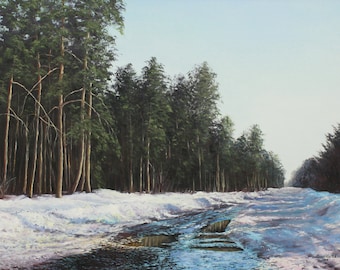 Warten auf die Wärme | Original Ölgemälde Winterlandschaft, 60 x 80 cm | sonnigen Wintertag im Wald