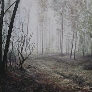 May include: A painting of a misty forest scene with tall, slender trees and a path leading into the distance. The trees are mostly gray and white, with some green foliage visible. The path is covered in fallen leaves and branches.