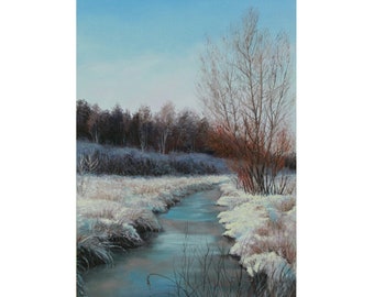 Winter Creek | original winter landscape oil painting, 60 x 40 cm / 23.6" x 15.7" | snowy banks of a creek in winter