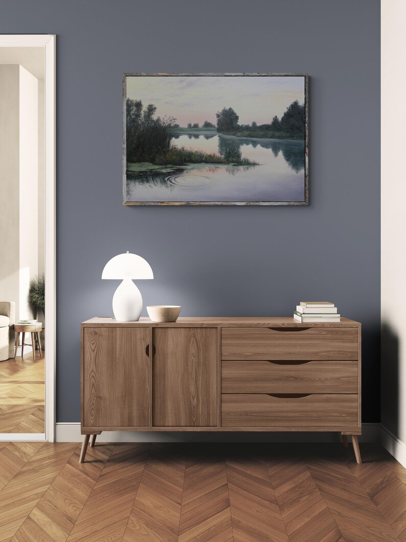 Sommarsolnedgångsmålning - När solen går ner - Unik original oljekonst - Vattenscenkonst - Realism - 70 x 100 cm - Lugnande väggdekor bild 7
