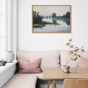 Sommarsolnedgångsmålning - När solen går ner - Unik original oljekonst - Vattenscenkonst - Realism - 70 x 100 cm - Lugnande väggdekor bild 2