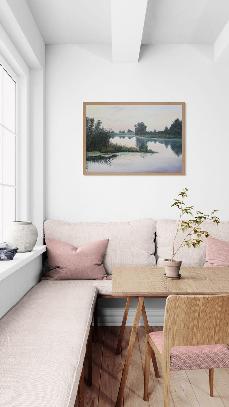 Sommarsolnedgångsmålning - När solen går ner - Unik original oljekonst - Vattenscenkonst - Realism - 70 x 100 cm - Lugnande väggdekor bild 2