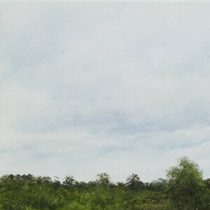 Pu&ograve; includere: Un dipinto a olio raffigurante una scena di paesaggio. L'opera presenta un cielo nuvoloso sopra una linea di alberi e fogliame verdi. La tavolozza dei colori &egrave; dominata da sfumature di verde, blu e bianco, creando un'atmosfera serena e naturalistica.