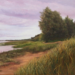 May include: An oil painting of a tranquil landscape featuring a river and a path. The sky is a soft purple, and the water reflects the colour. Green trees and tall grass line the path, creating a peaceful, natural scene. The artist's signature is in the bottom right corner.