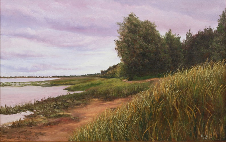 May include: An oil painting of a tranquil landscape featuring a river and a path. The sky is a soft purple, and the water reflects the colour. Green trees and tall grass line the path, creating a peaceful, natural scene. The artist's signature is in the bottom right corner.