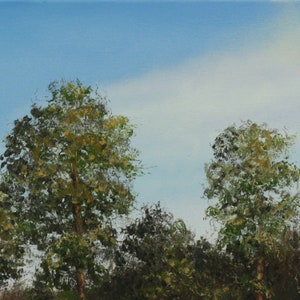 Pu&ograve; includere: Dipinto a olio di un paesaggio con alberi sotto un cielo blu. Gli alberi hanno un fogliame verde e marrone, con pennellate visibili. Il cielo &egrave; un gradiente di blu chiaro e scuro, con un accenno di nuvole bianche.
