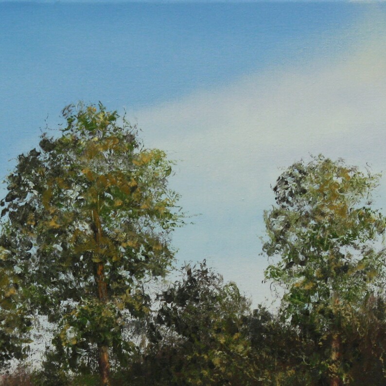 Pu&ograve; includere: Dipinto a olio di un paesaggio con alberi sotto un cielo blu. Gli alberi hanno un fogliame verde e marrone, con pennellate visibili. Il cielo &egrave; un gradiente di blu chiaro e scuro, con un accenno di nuvole bianche.