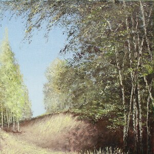 May include: An oil painting depicts a path winding through a forest. Tall, slender birch trees with white bark and green leaves stand on the right. Lush green foliage and a light blue sky fill the background, creating a serene landscape.