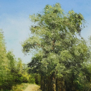 May include: Oil painting of a sunlit path winding through a forest. The artwork features a large tree with lush green foliage, a blue sky, and a dirt path. The artist's signature and the year 2010 are visible in the lower corners.