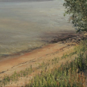 K&ouml;nnte beinhalten: &Ouml;lgem&auml;lde einer ruhigen Wasserlandschaft. Ein Sandstrand ist zu sehen, mit gr&uuml;ner Vegetation am Ufer. Das Wasser ist ein ged&auml;mpftes Grau, und der Himmel ist bew&ouml;lkt, wodurch ein weiches, diffuses Licht entsteht.