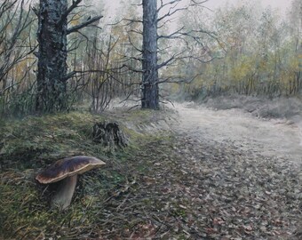 By the Road | original oil painting, 45 x 55 cm / 15.7" x 19.7" | classical realism | lone mushroom in the woods in fall