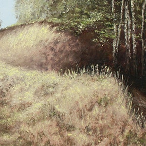 May include: An oil painting depicts a sunlit landscape with a grassy foreground and a dirt embankment. Trees with green foliage and white bark are visible in the background. The artwork uses warm, earthy tones.