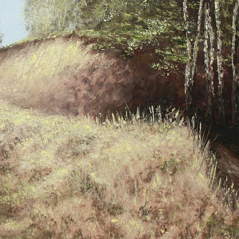 May include: An oil painting depicts a sunlit landscape with a grassy foreground and a dirt embankment. Trees with green foliage and white bark are visible in the background. The artwork uses warm, earthy tones.