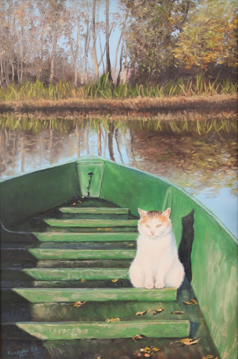 May include: An oil painting depicts a white and orange cat sitting on the steps of a green boat. The boat is on a lake with trees and foliage in the background. The artwork has a serene, natural theme.
