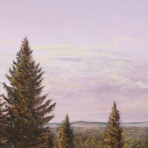May include: An oil painting depicts a serene landscape with tall evergreen trees in the foreground. The sky transitions from a soft lavender to a pale yellow, suggesting either sunrise or sunset. The painting evokes a sense of tranquility and natural beauty.