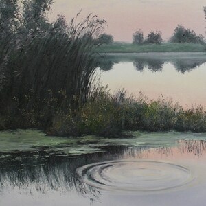 Sommarsolnedgångsmålning - När solen går ner - Unik original oljekonst - Vattenscenkonst - Realism - 70 x 100 cm - Lugnande väggdekor bild 4
