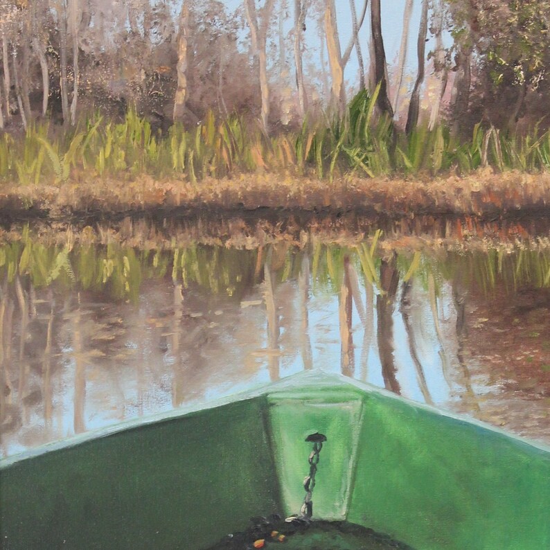 May include: An oil painting depicts a serene waterscape from the perspective of a green boat. The foreground shows the boat's bow, while the background features a reflective body of water mirroring trees and foliage. The color palette includes greens, browns, and blues.