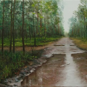 Skogsmålning Original Olja - Efter Regnet - Sommarskogslandskap - Grön Natur Väggkonst - Realism - 35 x 45 cm - Lugn Skogsscen bild 3