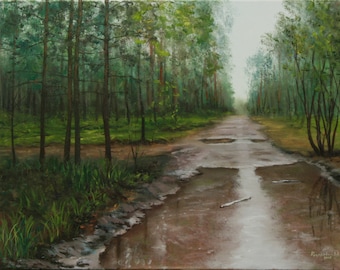After the Rain | original oil painting, 35 x 45 cm / 15.7" x 21.7" | classical realism | forest after the rain painting