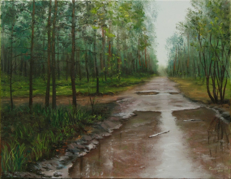 Skogsmålning Original Olja - Efter Regnet - Sommarskogslandskap - Grön Natur Väggkonst - Realism - 35 x 45 cm - Lugn Skogsscen bild 3