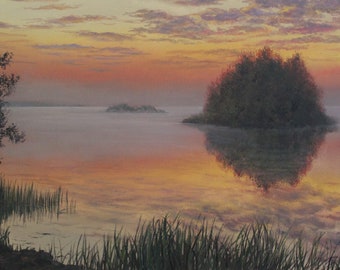 Solnedgång över dammen | original landskapsoljemålning, 45 x 60 cm / 17,7" x 23,6" | klassisk realism | sommarsolnedgång vid sjön