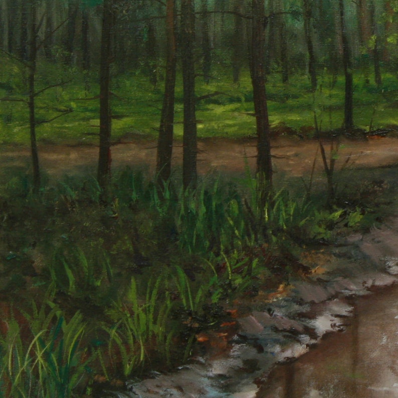 Skogsmålning Original Olja - Efter Regnet - Sommarskogslandskap - Grön Natur Väggkonst - Realism - 35 x 45 cm - Lugn Skogsscen bild 7