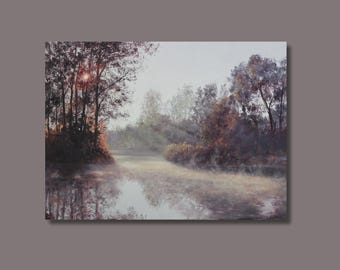 Last Rays of Summer - Realist Fall Landscape Painting - Original Oil Creek Scene -  Sunlit Art - 40 x 55 cm - Tranquil Nature Heritage Decor