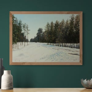May include: A framed landscape painting depicts a snow-covered path winding through a forest of evergreen trees. The artwork features a palette of white, green, and brown hues, with a light blue sky.