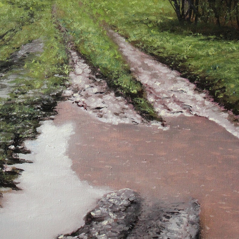 May include: An oil painting depicts a muddy dirt road splitting into two paths, bordered by green grass and foliage. A stream of muddy water flows in the foreground, with a stone structure in the lower right corner. The artwork evokes a rural landscape.