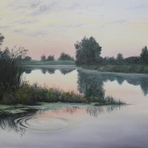 Sommarsolnedgångsmålning - När solen går ner - Unik original oljekonst - Vattenscenkonst - Realism - 70 x 100 cm - Lugnande väggdekor bild 3