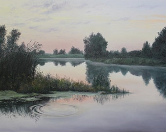 Medan solen går ner | original oljemålning, 70 x 100 cm / 27,6" x 39,4" | klassisk realism | solnedgång över en sjö i sommarmålning