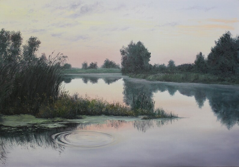 Sommarsolnedgångsmålning - När solen går ner - Unik original oljekonst - Vattenscenkonst - Realism - 70 x 100 cm - Lugnande väggdekor bild 3