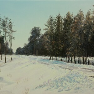 May include: Oil painting of a snow-covered path winding through a winter forest. The artwork features tall, dark green trees on either side of the path, with a light blue sky in the background. The snow is thick and pristine.