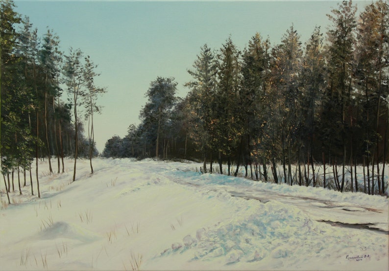 May include: Oil painting of a snow-covered path winding through a winter forest. The artwork features tall, dark green trees on either side of the path, with a light blue sky in the background. The snow is thick and pristine.